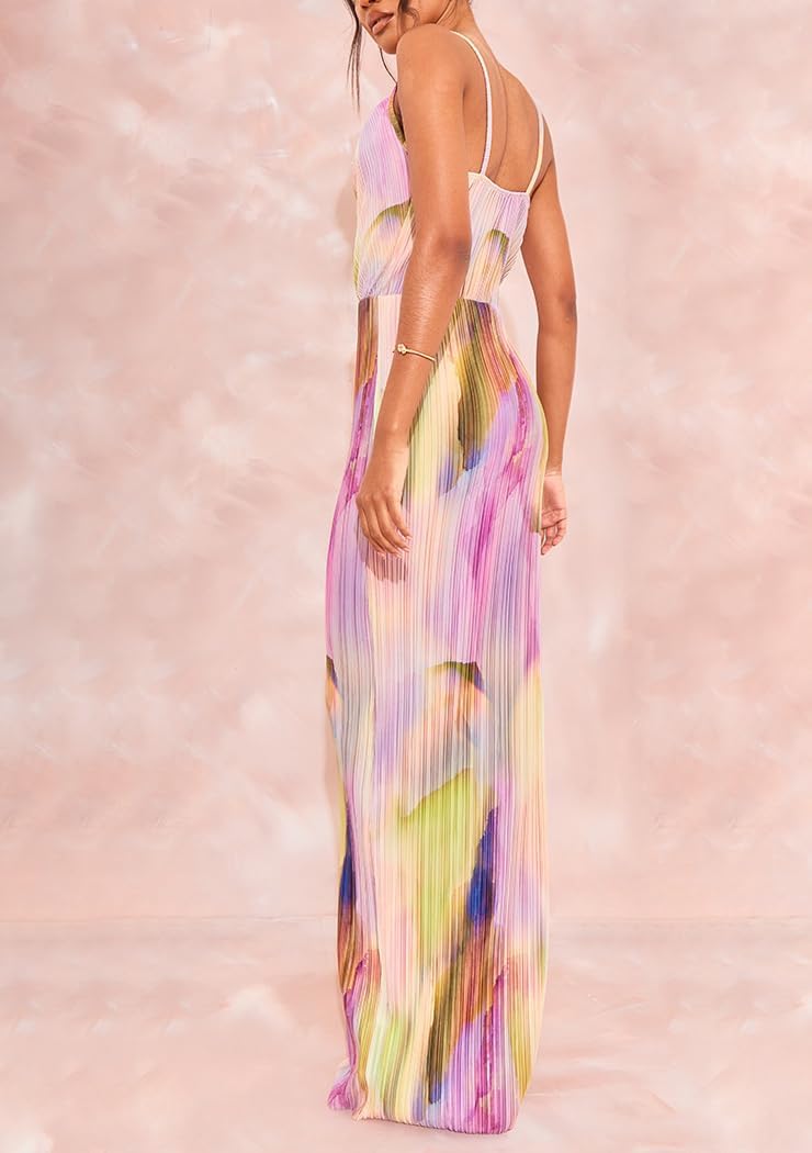 VECVOC Summer Floral Dress Sexy Strap Shoulder Pleated Maxi Dresses A Line Wedding Guest Dresses for Women - Image 4