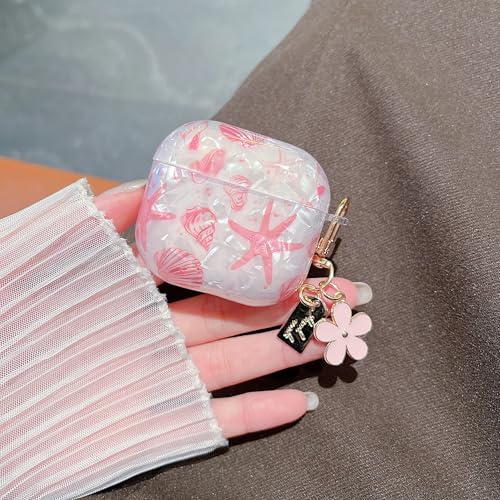 Image of MINSCOSE for AirPods 4 Clear Case,Cute Glitter Seashell and Starfish Pattern Design with Folral Keychain,Soft TPU Protective Cover for Girls Women for AirPods 4-Pink