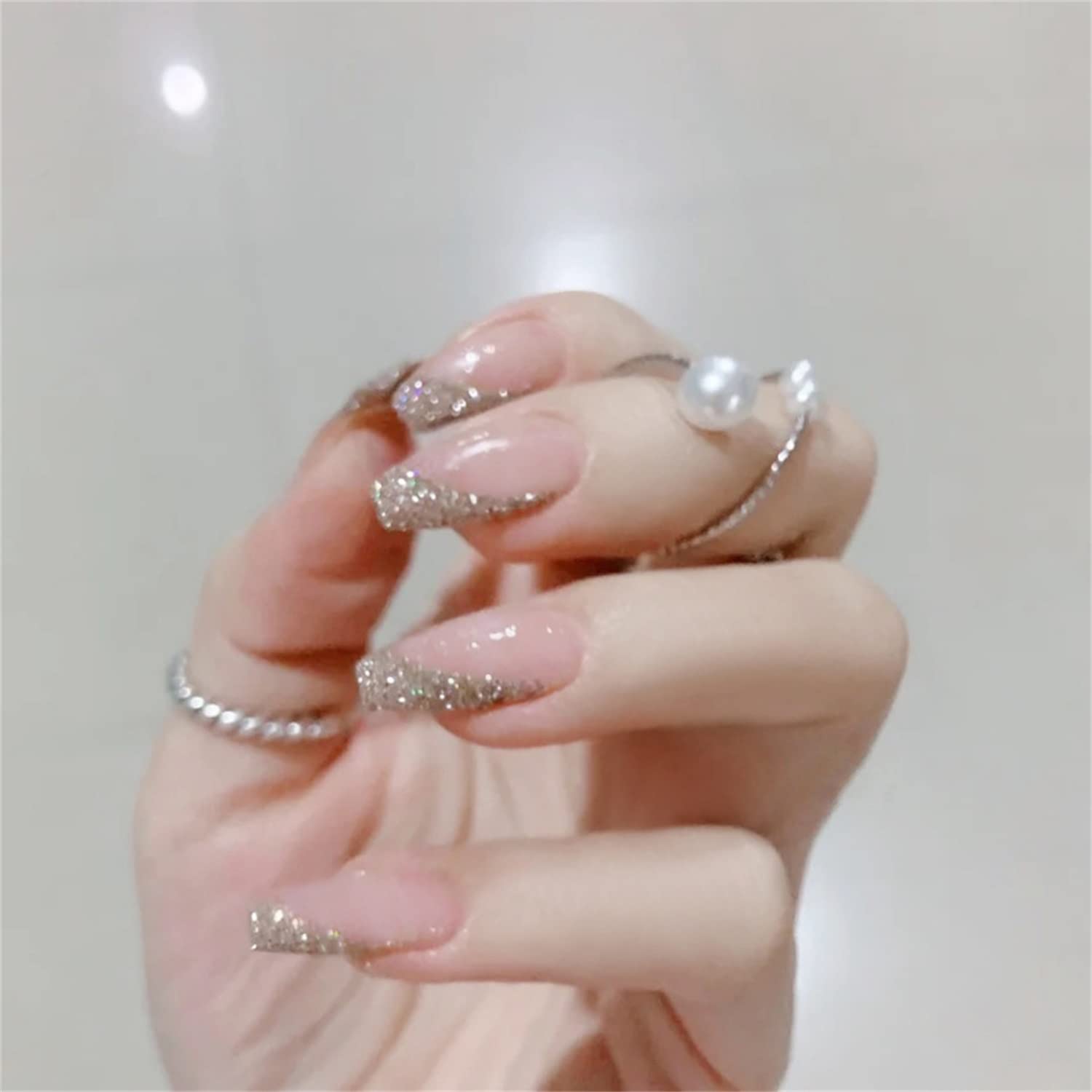 Medium False Nails, Silver Glitter Fake Nails with Glue Stickers, 24 Pieces French Press on Nails Coffin Nails Acrylic Stick on Nails for Women and Girls