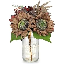 Silk Sunflowers Artificial Flowers with Mason Jar Centerpiece for Table Brown Fall Flowers in Vase Small Fall Floral Arrangement with Vase Thanksgiving Centerpiece for Dining Room Table Autumn Decor