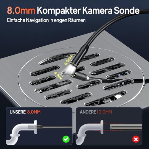 Endoskopkamera mit Licht, AOPICK 8mm IP67 wasserdichte Endoskop, 4.3' IPS Bildschirm...