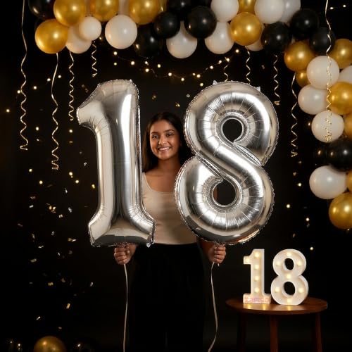 Image of Balloonistics Silver 40-Inch Foil Number 18 Balloon with Matching LED Marquee Light - Combo Set for 18th Birthday, Anniversary, Party Decoration, Photo Booth Backdrop