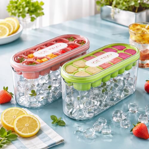 Image of Amazon Brand - Solimo 2 in 1 Ice Cube Tray & Storage Bin with Lid, Stackable Ice Maker Container for Freezer, Flexible Silicone Easy-Release Ice Maker Mold for Cocktails, Mocktails, Detox, 12 Cubes