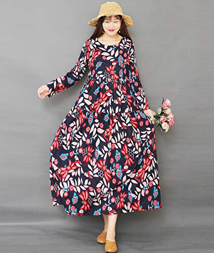 Women Casual Loose Long Maxi Swing Dress Bohemian Floral Printed Long Sleeve Round Neck/Pockets EK6 (L, EK6 As Picture92-Long Sleeve)