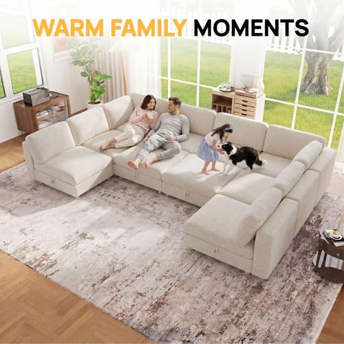 Image of 157 inch Modular Sectional Sleeper Sofa, 10 Seaters Chenille Modular Sectional Sofas, Sleeper Sofa Bed with Storage & Ottoman, Sleeper Couch with Removable Covers, Beige Sectional Couches for Living Room