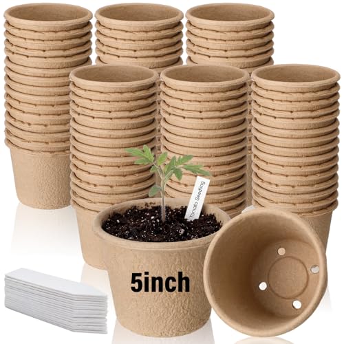 Ferrochef 60 Packs 5 Large Biodegradable Seed Starter Pots Organic Planting Peat Nursery Pots with Drainage and Tags Garden Plant Nursery Seed Starting Trays for Seeding Germination