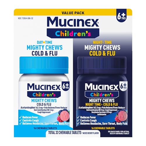 Mucinex Childrens Mighty Chews Cold and Flu Medicine Daytime and Nighttime Value Pack Kids Cold Medicine Kids Cough Medicine Ages 6+ Mixed Berry Flavor 32 Medicated Chewable Tablets