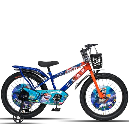 Image of Shark Tank 20 Inch Kids Bicycle with Training Wheels, Front Basket, Water Bottle, Rear Carrier & Full Chain Cover for Boys and Girls Ages 7-9 (Orange /Blue)