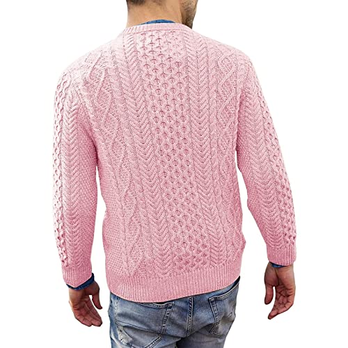 Men's Autumn Winter Vintage Sweater, Cut Out Sweater Mens Long Sleeve Athletic Fall Casual Hot Comfort Pullover Polyester Solid Button Crew Neck Sweater Man Pink #TOP3