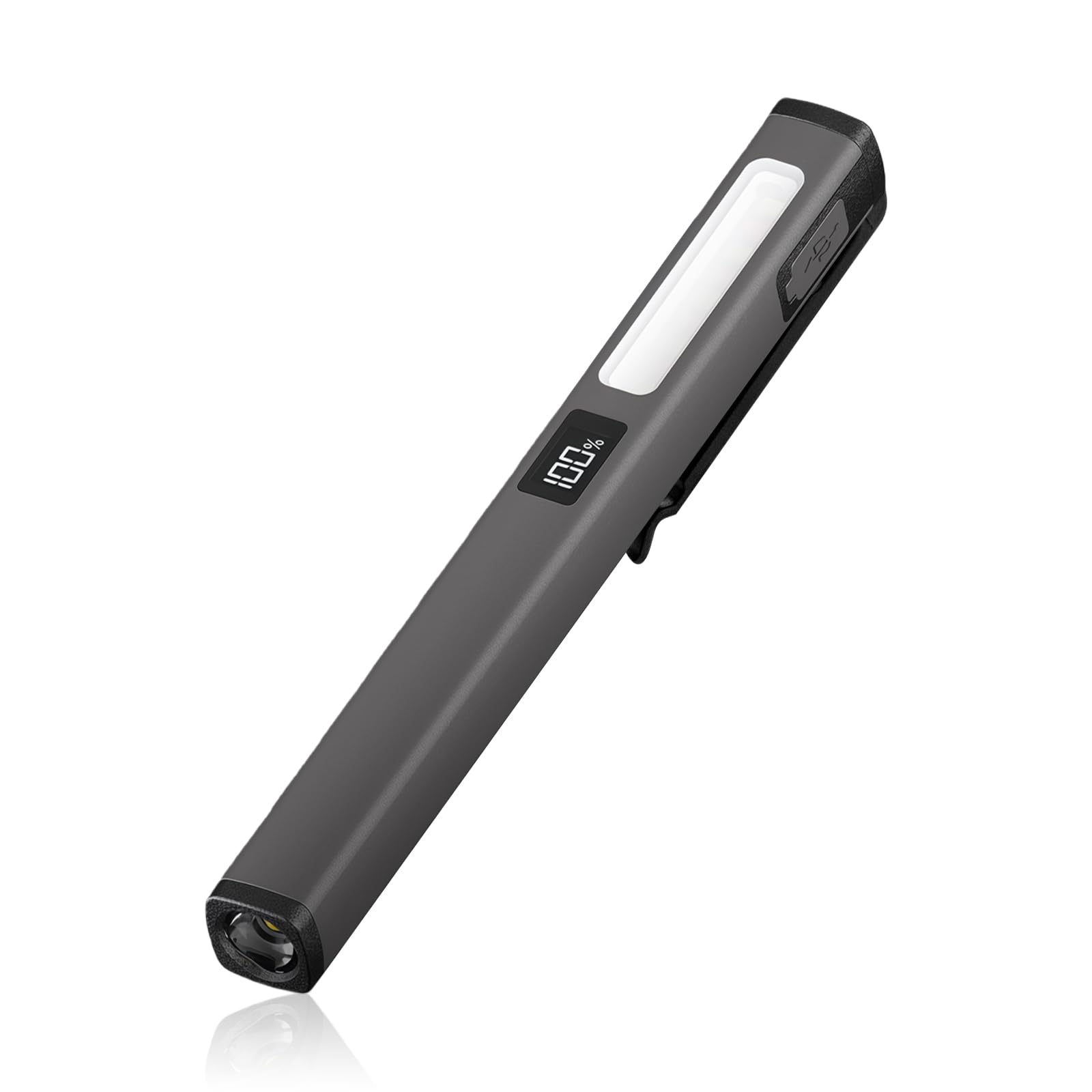 flintronic 1PC Mini Torch, USB Rechargeable Flashlight, Pocket Pen Torch Light Torches, with Pocket Clip & Digital Display, Waterproof, for Inspection, Workshop, Repair, Hiking, Grey