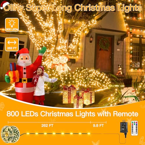 Image of Ollny Christmas Lights 800 LED 262 FT Plug in, IP67 Waterproof Green Wire Outdoor Christmas Lights with Remote, 8 Modes and Timer Outdoor String Light for House Indoor Xmas Decorations (Warm White)