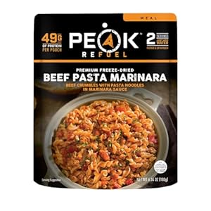 Peak Refuel Beef Pasta Marinara | 49g Protein | 1040 Calories | 100% Real Meat | Premium Freeze Dried Backpacking & Camping Food | 2 Servings | Ideal MRE Survival Meal (2 Serving Pouch)