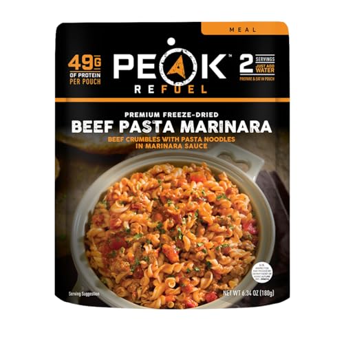 Peak Refuel Beef Pasta Marinara | 49g Protein | 1040 Calories | 100% Real Meat | Premium Freeze Dried Backpacking & Camping Food | 2 Servings | Ideal MRE Survival Meal