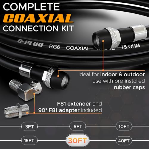 Image of G-PLUG RG6 Coaxial Cable 30FT - Triple Shielded, Waterproof, 75 Ohm with F-Type Connectors, High-Performance for HDTV, Satellite, Internet, Indoor /Outdoor Use