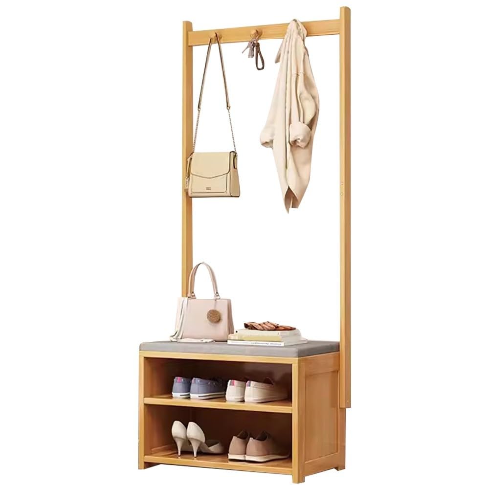 MSHGSKU 4 in 1 Bamboo Hall Tree with Shoe Storage Bench Removable Hooks and Clothing Rod Perfect Entryway for Shoes and Coats