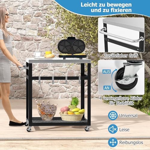 Generisch Grilltisch Outdoor, Servierwagen mit 2 Ablagen & 4 Rädern & Griff & 4 Haken, Pizzatisch Beistelltisch Grillwagen für Hinterhof, Garten, Terrasse (2 Ablagen), Schwarz + Silber