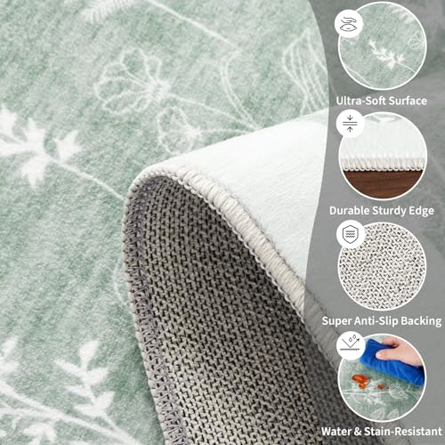 GarveeHome Washable 8x10 Area Rugs for Living Room Scalloped Floral Bedroom Rug, Non-Slip Stain Resistant Dining Table Carpet, Botanical Large Rug Neutral Carpet for Farmhouse Dorm Home Office,Green