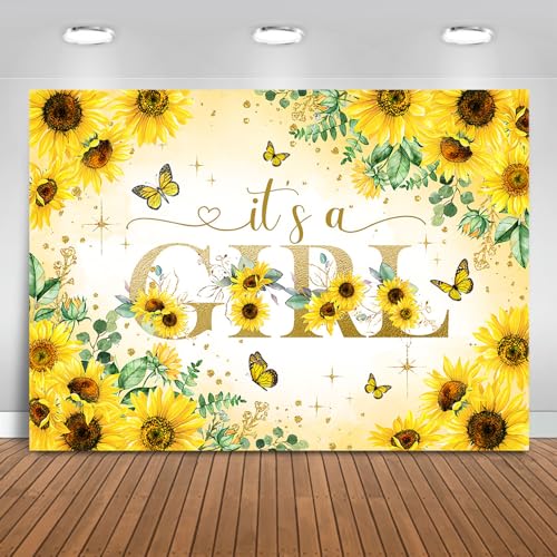 Image of Mocsicka Sunflower Baby Shower Backdrop Sunflower It's A Girl Baby Shower Party Decorations Photo Booth Props (7x5ft)