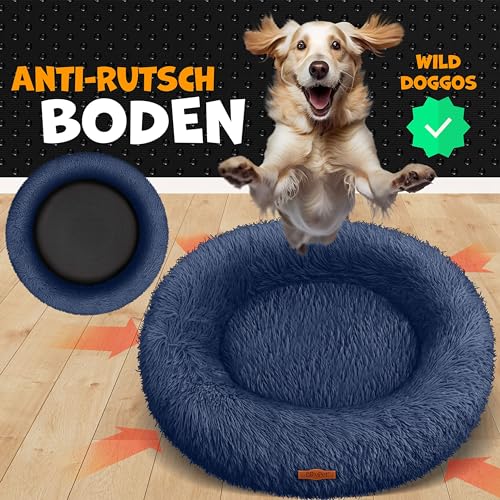 Lovpet® Hundebett Hundekissen Katzenbett Bagel, Waschbar, Inkl. Napf + 3X Kauknochen, Hundesofa flauschig Kissen Rund aus Plüsch für Kleine, Mittelgroße & Große Hunde, Katzen [3XL, Ø 100cm Navyblau]