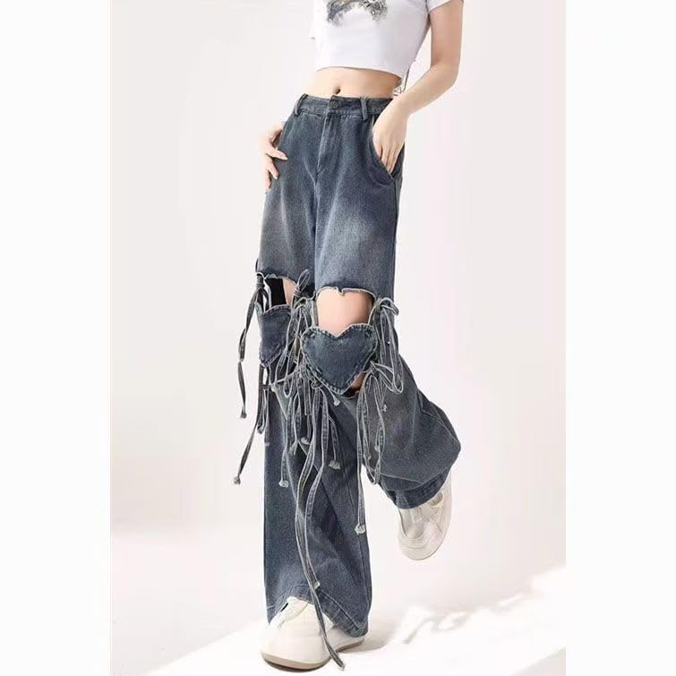 Y2k Heart Hollow Out Design Bowknot Strap Jeans Kawaii Preppy Loose Fit Denim Pants Grunge Hiphop Streetwear4