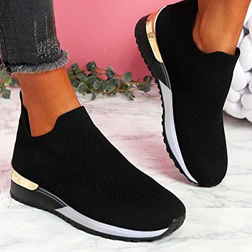 EMRELOD Womens Sneakers Platform Fashion Slip On Walking Shoes Breathable Running Shoes Lightweight Casual Breathable Mesh Low Top Gym Shoes Flat Non Slip Workout Shoes Play Sneakers (05-Black, 8)