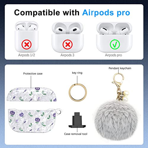 Image of Lopnord for AirPods Pro Case Cute, Cover for AirPods Pro Case Cover Cute with Keychain for Women Girls, Hard Protective Skin with Keychain Pom pom Ball for Airpod Pro Charging Case (Blue Flower)