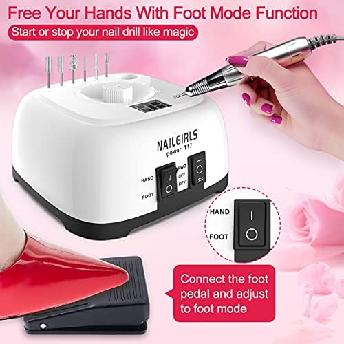 Portable Electric Nail Drill, 11 in 1 Nail Drill Set Electric Nail Files Professional 35000RPM Acrylic Nails Gel Nails Manicure Pedicure Polishing Machine for Home and Salon Use with Foot Pedal
