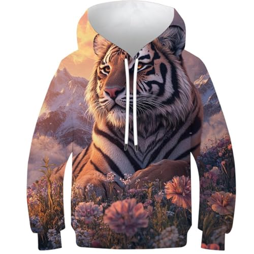Sweat à capuche enfant tigre en fleurs 3D unisexe taille 10-12 ans