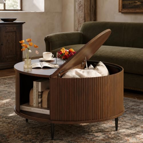 Image of Mid Century Fluted Round Coffee Table for Living Room, Walnut | 31.5 inch Modern Coffee Table with Storage, Small Center Table with Flip-Top