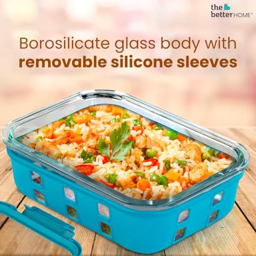 Image of The Better Home Borosilicate Glass Food air Tight Glass Container for Kitchen Set of 3 Blue | Silicone Sleeves & Lock Lids | Kitchen containers Set | Microwave-Safe| Lunch Box | 1050ml 640ml 370ml