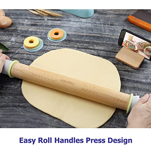 Image of Geesta Adjustable Wood Rolling Pin with 5 Thickness Rings, Precise Dough Roller Handle Press Design with Measurement Guide for Baking Fondant, Pie Crust, Cookie, Pastry - Baking Essential
