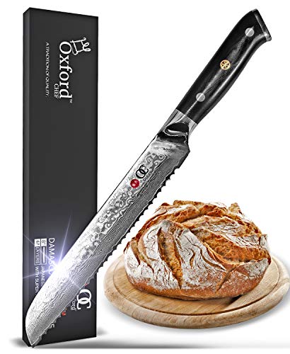 Bread Knife 8 inch by Oxford Chef - Best Quality Serrated Damascus- Japanese