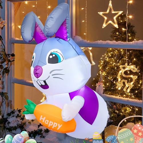 MaxEarn Lapin de Pâques gonflable avec LED - 1,2 m - Lapin de Pâques éclairé avec une carotte dans la main - Grande décoration de Pâques pour...
