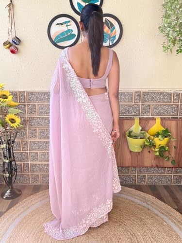 Image of AKHILAM Women's Multicolor Georgette Embellished Saree with Unstitched Blouse Piece(KESARI9501 KR Parent)