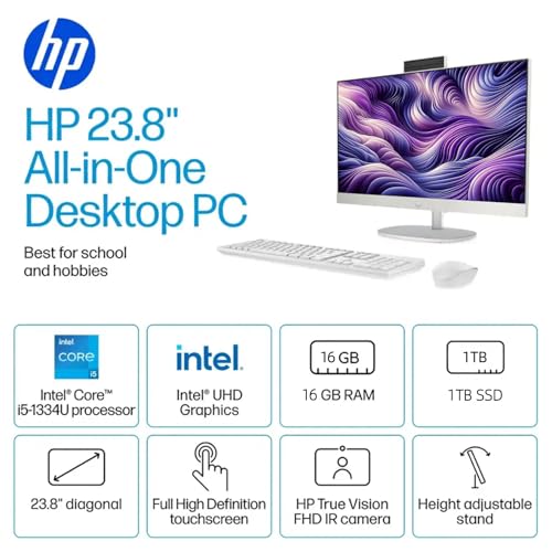 Image of HP 24 inch FHD IPS Display All in One Desktop PC, Touch Screen, Intel Core i5 Processor 1334U, 16GB DDR4, 1TB SSD, HDMI, Wireless Keyboard & Mouse, Anti-glareM, Wi-Fi 6, USB, Windows 11 Pro, White