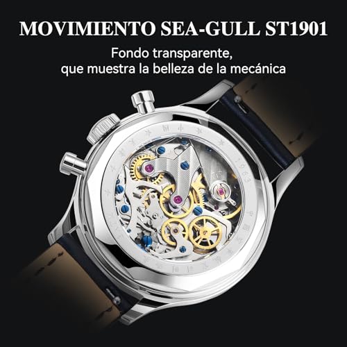 Miniatura 5 de Sea Gull 1963 Edición Internacional, Movimiento St1901,Reloj De Pulsera Mecánico Para Hombre Relojes De Aviación Cronógrafo Piloto,Cuerda Manual Amarillo