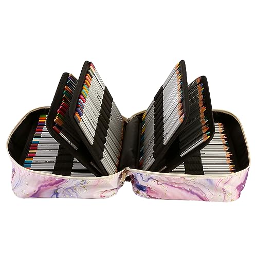Image of 300 Slots Color Pencil Case - Pencil Holder with Handy Wrap & Zipper, Multilayer Holder for for Watercolor Pens or Markers (Marble Pink)