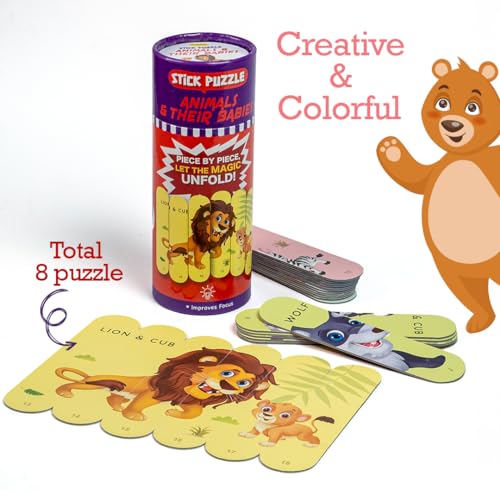 Image of THE BOOK TREE Animals & Their Babies Stick Puzzle | 24pcs Double-Sided Cardboard Puzzles | 8 Animal & Their Puzzles for Learning & Play | Enhances Focus & Creativity | Ideal for Ages 3+