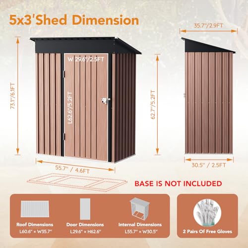 Image of Panovue 5X3X6.1FT Garden Storage Shed with Lockable Door,Steel Tool Shed with Sloping Roof,Anti-Corrosion Metal Shed for Backyard Patio Lawn (Wood Panels & Frame Floor Not Included)