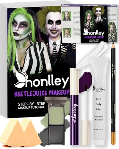 Honlley Halloween Stripe Suit Ghost Makeup Kit Costume Women - White Water-Based Face Paint Black Green Eyeshadow Dark Purple Lip Stain Eyebrow Sponges & Guide | Classic Movie Character Cosplay
