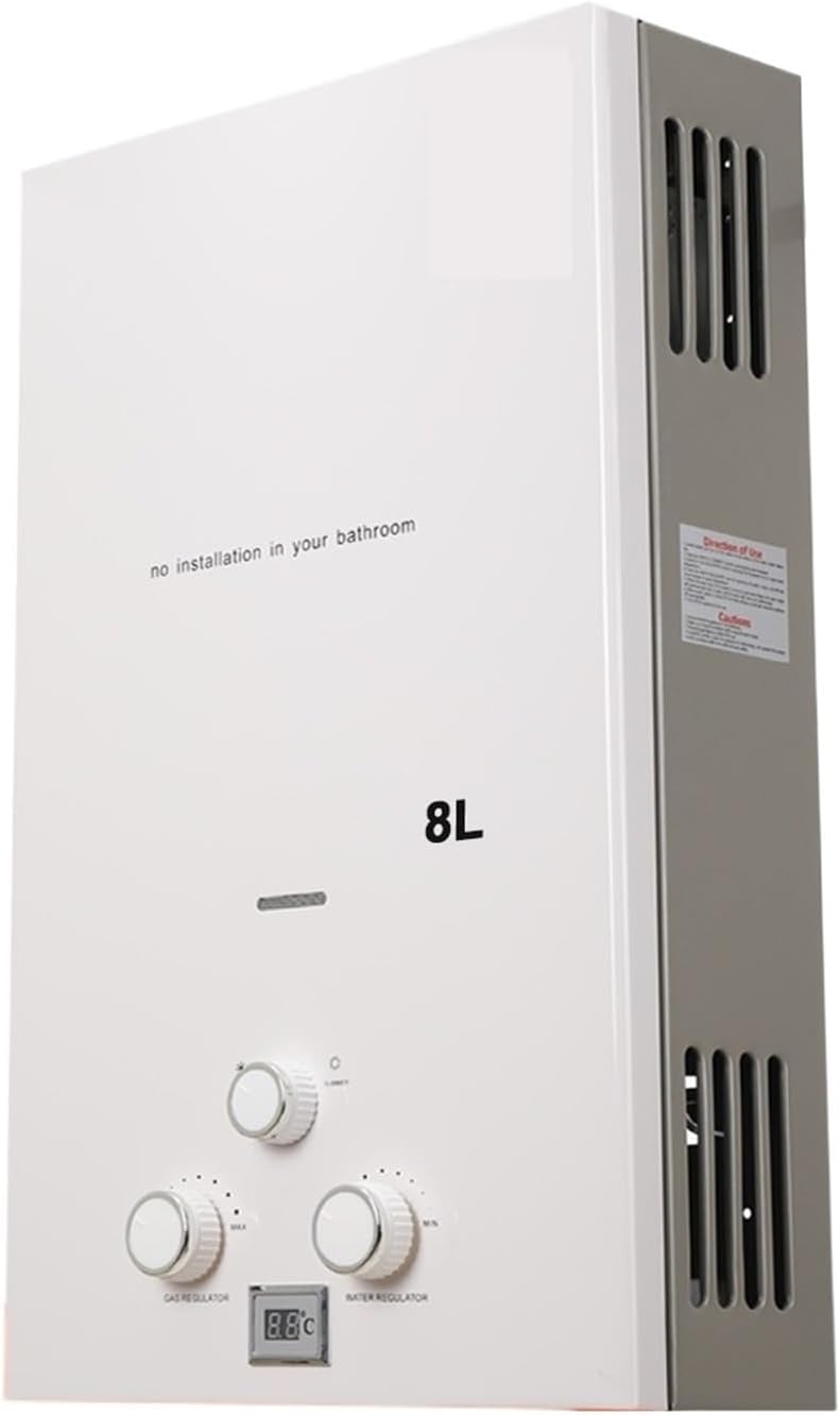 Instant Water Heater, 8L Tankless Propane Gas Water Heater 16KW LPG Instant Hot Water Heater Boiler LED Display Outdoor Camping With Shower Head KitBianco