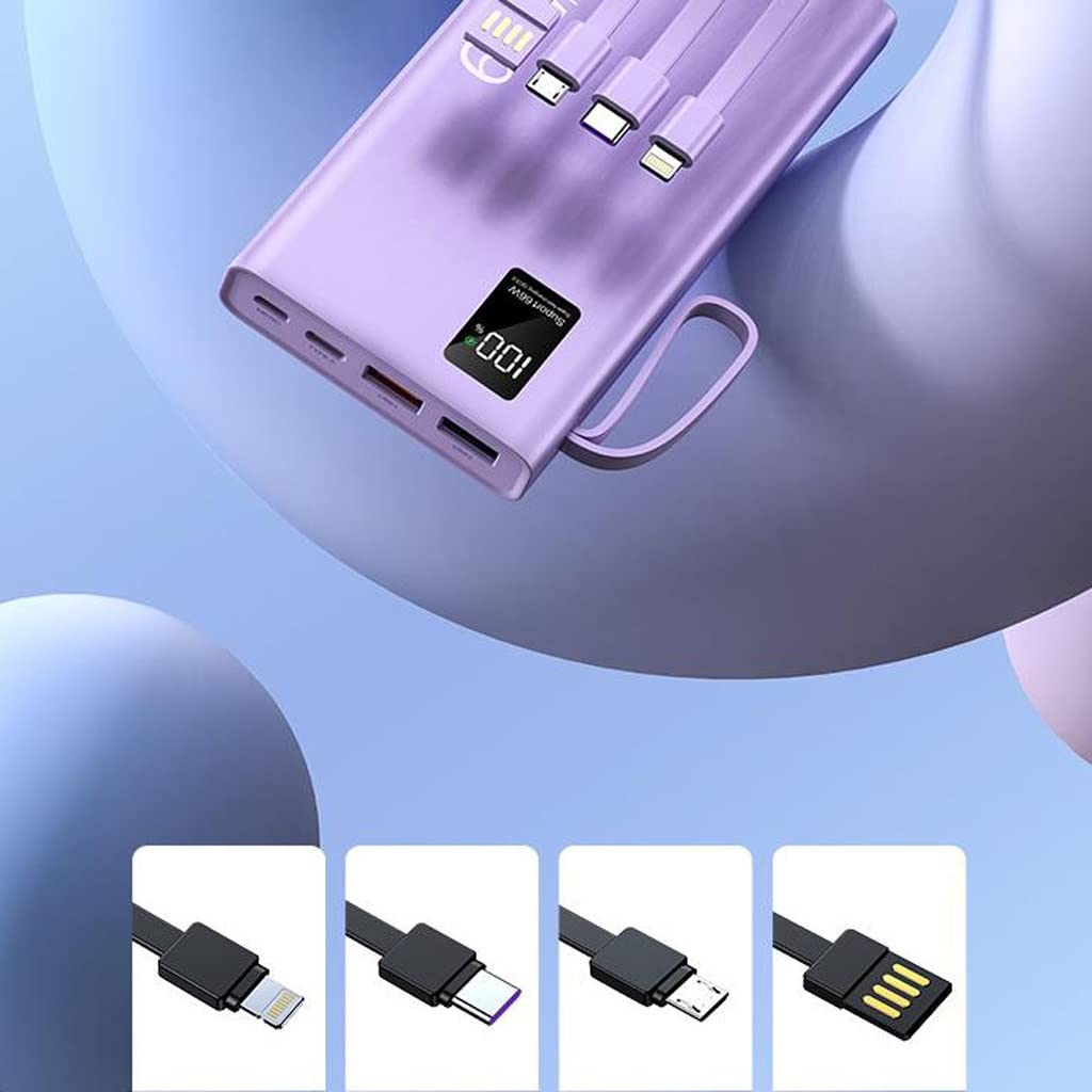 Mini jest wyposażony w czteroprzewodowy power bank 20000 mAh o dużej pojemności PD66W Superszybki power bank ładujący (Color : Purple, Size : 20000mAh)