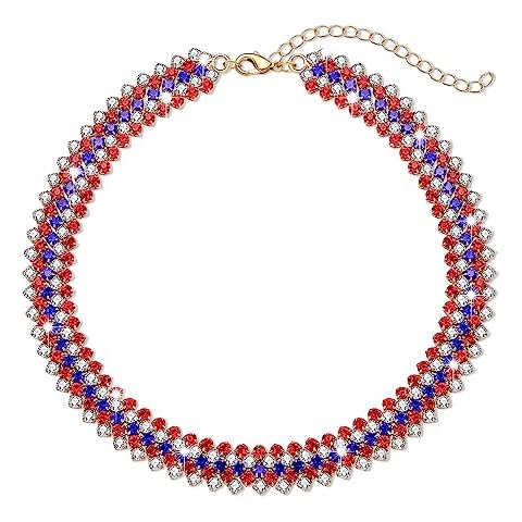ARATLENCH 4 th of July Necklace Bling Red White and Blue Rhinestone Choker Necklace Adjustable American Flag Fourth of July Patriotic Chokers for Women (patriotic choker) Cover