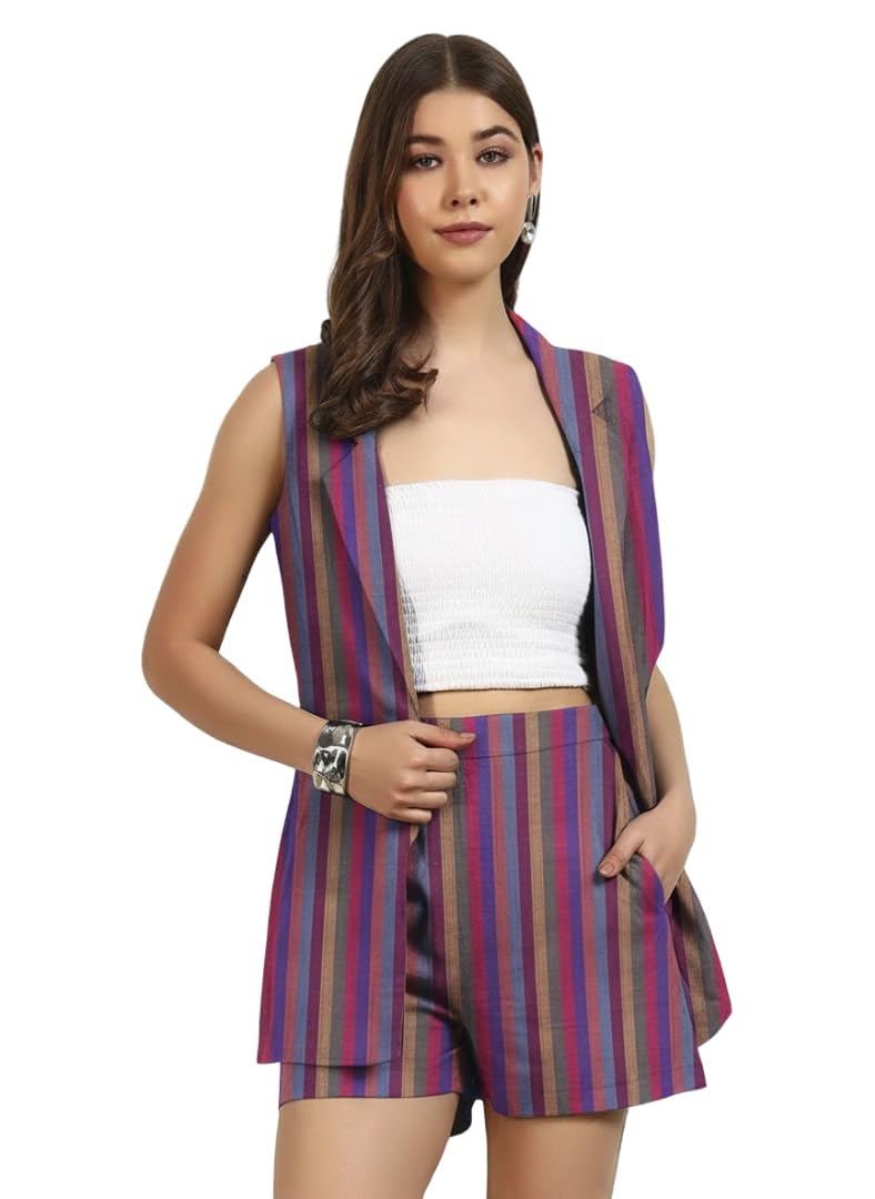 Women's Textured Pure Cotton Blazer with Above Knee Shorts Co-Ord Set|Sleeveless|Notched Collar|Long Dresses for Woman Two Piece|Traditional Party Casual Wear-image-48