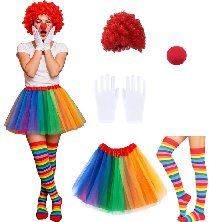 HarnyLoom Deguisement Clown Femme Arc-en-Ciel Jupe Tutu Déguisement années 80 Fluo Adulte Perruque Chaussettes Gants Carnaval Fête