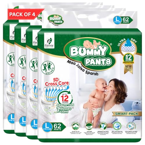 Image of Baby Diapers - Soft & Comfortable with 5D Cross Core Technology, 360 Soft Elastic Waistband & Up to 12-Hour Absorption | L | Pack of 4 | 248 Pieces