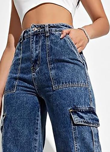 Image of Glossia Fashion High Waist Cargo Denim Jeans for Women Wide Leg Stretchable Straight Fit Jeans(WJ1-1215-$)