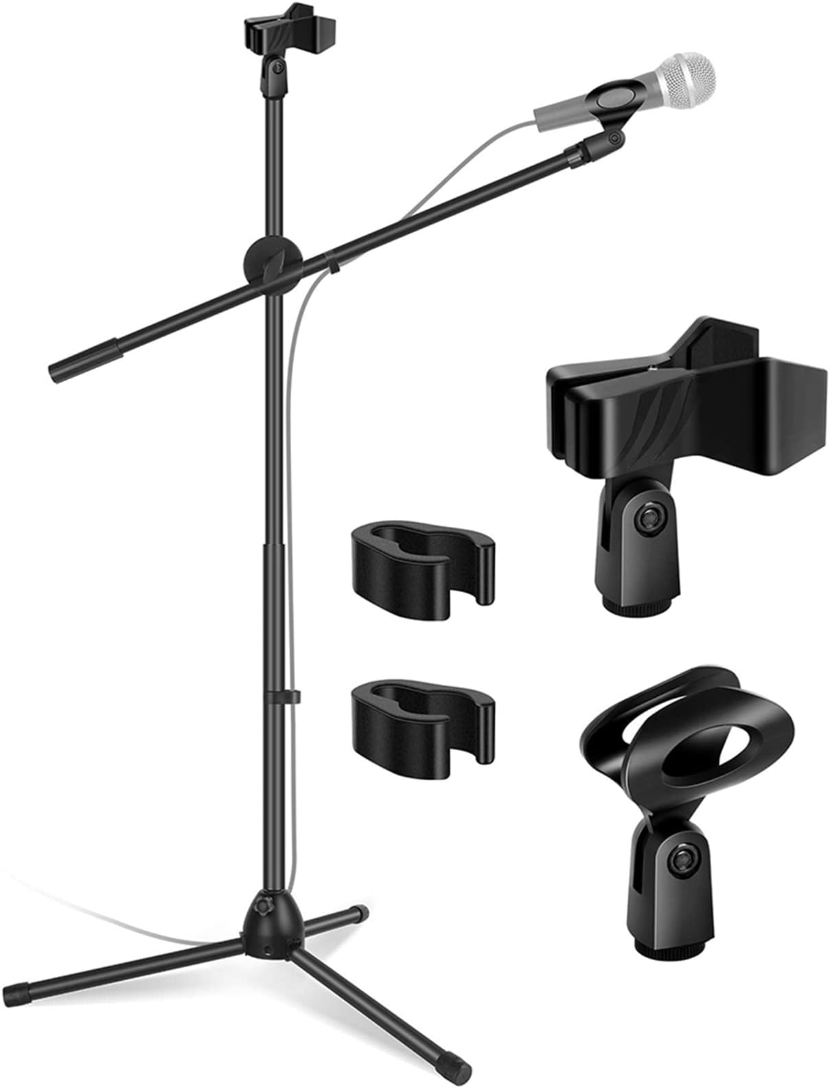 TDOO Microphone Stand, Foldable Tripod Boom Stand Adjustable Height Heavy Duty Mic Boom Stand with Dual Mic Clip Holders and Metal Base for Singing, Speech, Stage, Ou r Activities (Black-B)