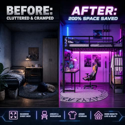 Image of Bellemave Metal Queen Size Loft Bed with Desk and LED Lights,Heavy Duty Loft Bed Frame with Storage Shelves and Charging Station for Kids,Teens,Adults, Space Saving,Black