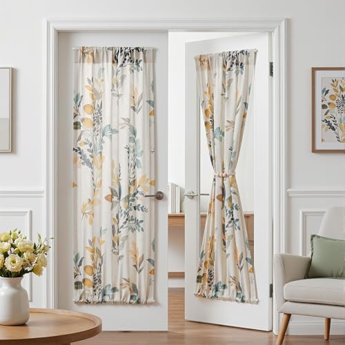 Image of MYSKY HOME Floral Linen French Door Curtains 72 inch Long 2 Panels for Front Door Light Filtering Privacy Semi Sheer Window Curtains with Rod Pocket, Yellow and Blue, 24 inch W Each Panel